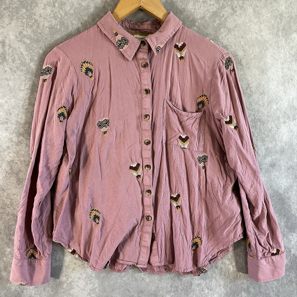 Anthropologie Button Down Shirt Women 6P Pink Hot‎ Air Balloon Embroidered Top